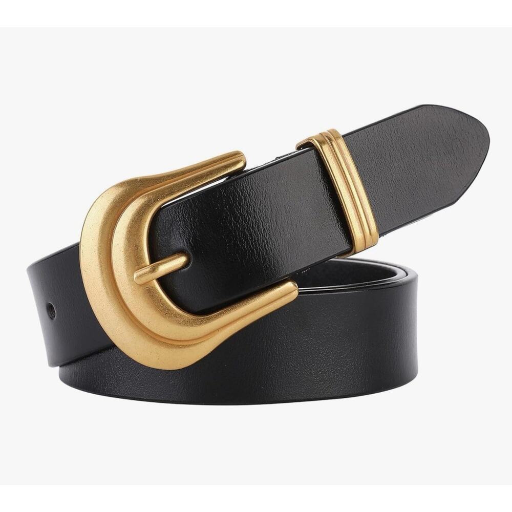 Womens Gold Buckle Black Leather Belt 140cm 41”-50”